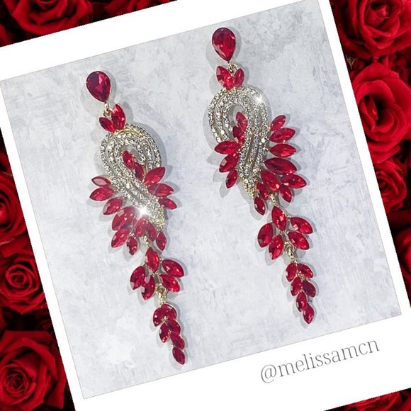 Prom Pageant Bridal Jewelry - Long Red Crystal Rhinestone Dangle Prom Pageant Bridal Chandelier Earrings